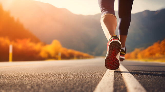 Female runner running on asphalt road with mountain background in autumn season, fitness challenge concept
