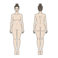 Woman body front and back view vector illustration. Isolated outline line contour color template girl without clothes.