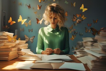 A young woman writer surrounded by papers and butterflies that represent her fluttering imagination. - obrazy, fototapety, plakaty