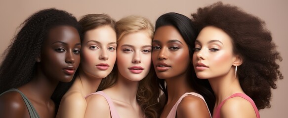 Female models of different skin colors and nationalities pose together. Beautiful girls with the appearance of beauty standards. Faces close up - obrazy, fototapety, plakaty