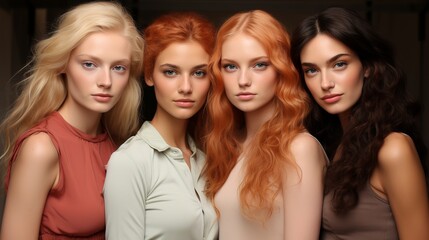 Obraz premium Female models of different skin colors and nationalities pose together. Beautiful girls with the appearance of beauty standards. Faces close up