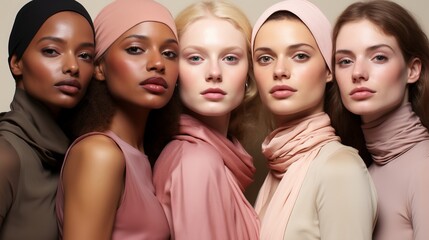 Obraz premium Female models of different skin colors and nationalities pose together. Beautiful girls with the appearance of beauty standards. Faces close up
