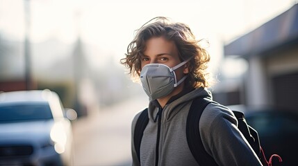 A young man wears an N95 mask to protect against PM 2.5 dust and air pollution. Behind there are cars passing by and there is a thin stream.
