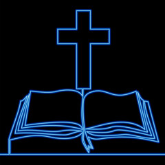 Continuous line drawing Church logo. Bible with Christian cross religion symbol icon concept