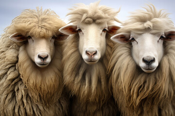 Group of long-haired sheeps close up