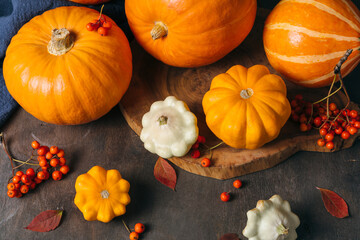 Autumn composition for Thanksgiving Day, still life background. Pumpkin harvest, vegetables, patissons, autumn leaves, red berries on wooden table. Fall decoration design. Top view, flat lay.