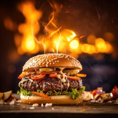 Burger with fiery hot chilies background
