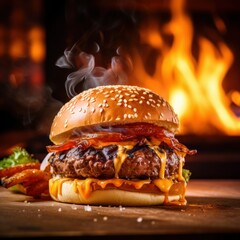 Burger with fiery hot chilies background