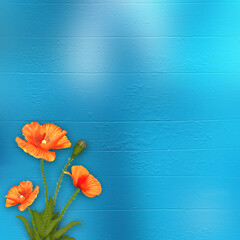 Poppies on the blue abstract background