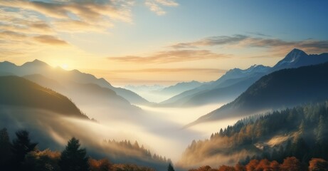natural fog and mountain scene bathed in sunlight, showcasing misty waves and warm color - obrazy, fototapety, plakaty