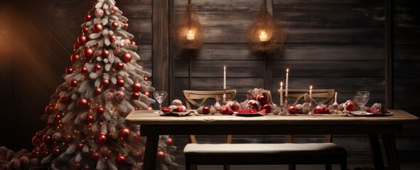 Christmas, New Year interior with red brick wall background, decorated fir tree with garlands and balls.