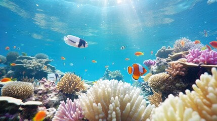 The coral reef is beautiful with sea anemones and clown fish - obrazy, fototapety, plakaty