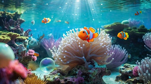 The coral reef is beautiful with sea anemones and clown fish