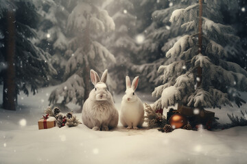 A pair of rabbits sits under fir trees in a snowy forest, New Year and Christmas concept