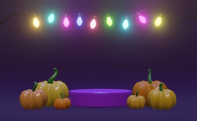 Cute Halloweens icon and colorful pumpkin 3d rendering in dark and white background for festival, holiday, Halloweens day and etc.