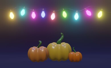 Cute Halloweens icon and colorful pumpkin 3d rendering in dark and white background for festival, holiday, Halloweens day and etc.