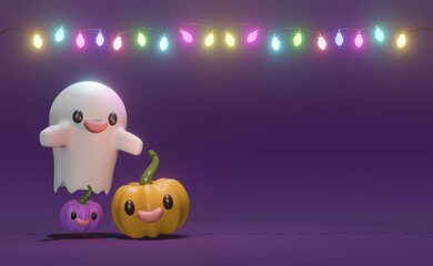 Cute Halloweens icon and colorful pumpkin 3d rendering in dark and white background for festival, holiday, Halloweens day and etc.