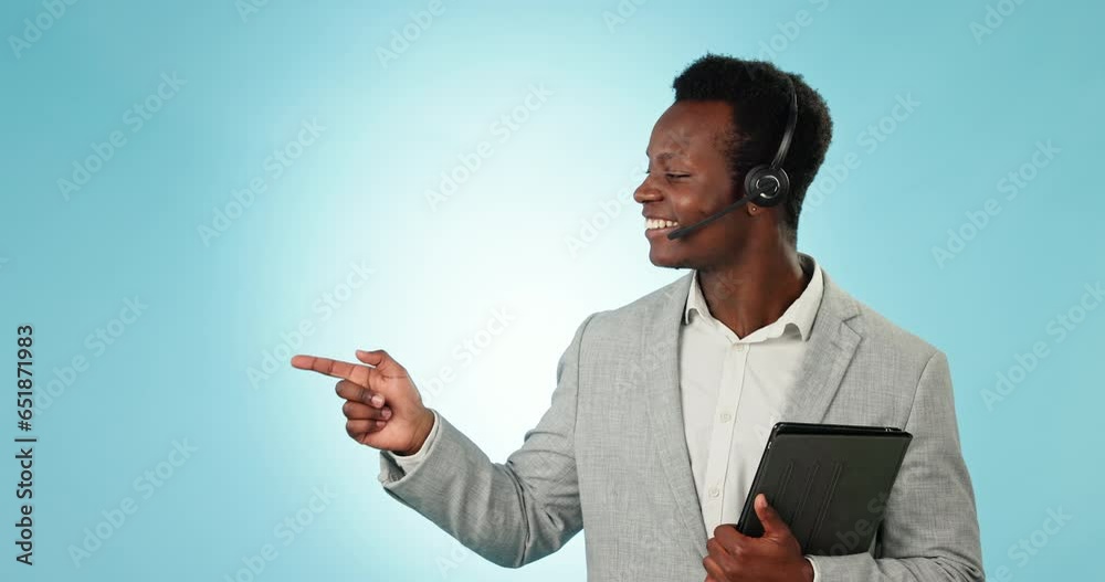 Leinwandbilder black man, telemarketing and face with pointing to web help and advertising for call center. studio,