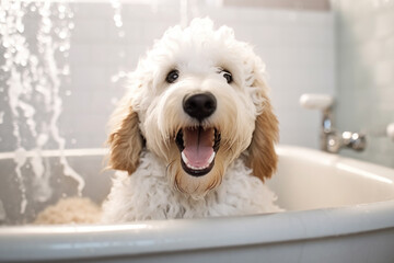 White dog sitting in a bathtub filled with water