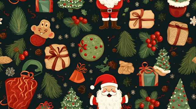 Christmas background with patterns of gifts and decorative objects, abstract, figurative