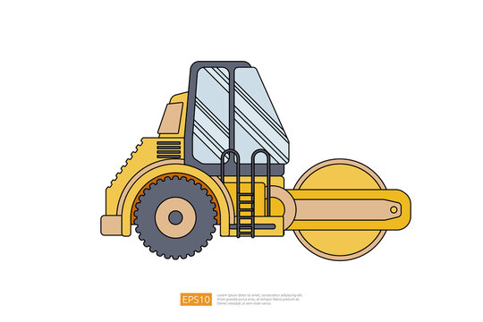 road roller heavy equipment. isolated road grader asphalt compactor. Flat style steamroller Isolated on white clean background. Vector illustration. Coloring Page Book Cartoon for Kids