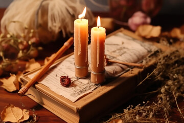 Pair of candles on top of old book and dried flowers. Magic ritual. 