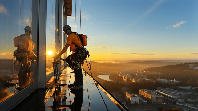 Skyscraper window cleaner, a dangerous profession at height with a safety rope. A man in a helmet wipes the window. promalpinism. rope access, Industrial mountaineering.
