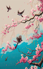 Illustration of cherry blossoms and birds on the sky background.