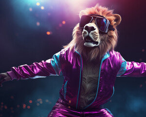 Lion animal wearing VR glasses.