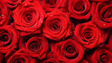 Red roses background with water drops. Valentines day background. Top view.