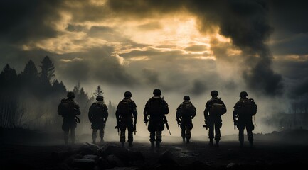 A group of soldiers walks across the battlefield. Generative AI.