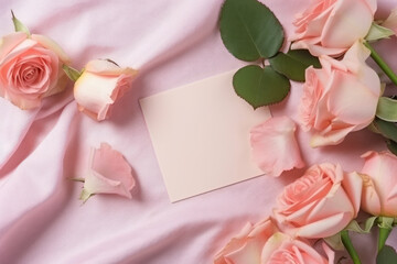 Top view of pink roses and blank card with copy space on pink fabric