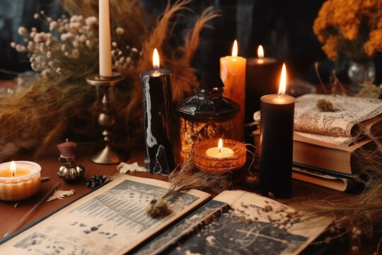 Tarot cards, burning candles and dried flowers on wooden table, closeup