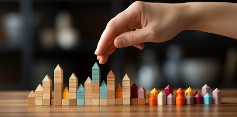 hand pushing colorful wooden blocks with business icons on them