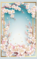 Cherry blossom frame on blue sky background. illustration.