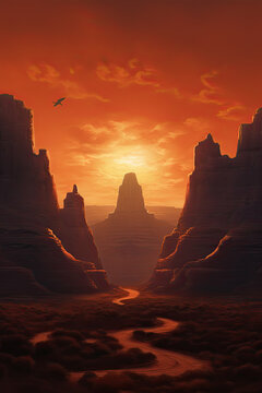 Fantasy Landscape of Monument Valley at Sunset.
