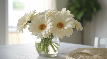 Beautiful white gerbera flowers in vase on table indoors