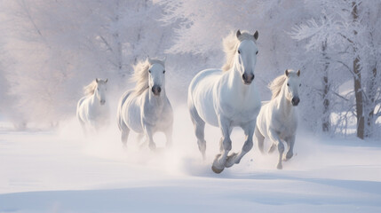 Beautiful white horses run gallop in the snowy field in winter - obrazy, fototapety, plakaty