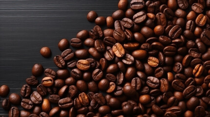 Fototapeta premium Coffee beans on a black wooden background. Close-up.