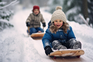 Little boy and girl having fun sledding in the winter forest.