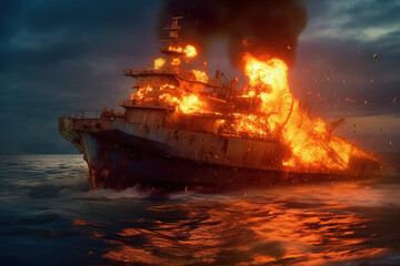 Large sea ship burning and exploding in calm ocean waters in the evening against a blue sky with clouds