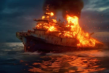 Foto op Aluminium Large sea ship burning and exploding in calm ocean waters in the evening against a blue sky with clouds © gamespirit