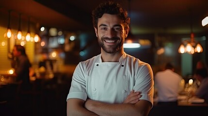 Fototapeta na wymiar Closeup shot of smiling handsome young Italian-American chef in white uniform, standing looking at camera, behind restaurant, blurred food.