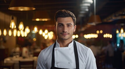 Fototapeta premium Closeup shot of smiling handsome young Italian-American chef in white uniform, standing looking at camera, behind restaurant, blurred food.