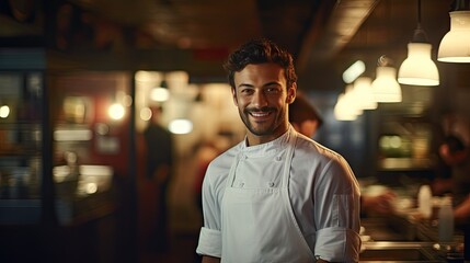 Closeup shot of smiling handsome young Italian-American chef in white uniform, standing looking at camera, behind restaurant, blurred food.