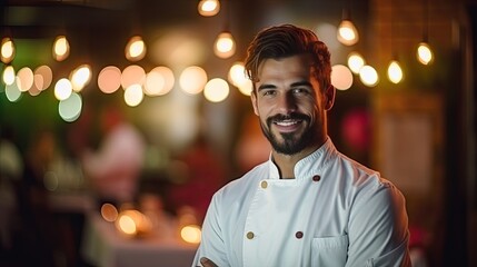 Closeup shot of smiling handsome young Italian-American chef in white uniform, standing looking at camera, behind restaurant, blurred food.