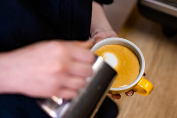 Fototapeta na wymiar Barista hand making cappuccino Coffee with espresso and milk in cafe