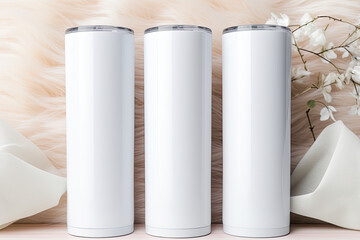 White 20 oz skinny tumbler mockup of 3 tumblers