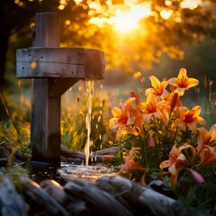 Flowers around an old wooden well at dawn