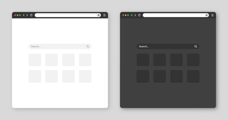 Blank web browser window with toolbar and search field. Modern website, internet page in flat style. Browser mockup for computer, tablet and smartphone. Light and dark mode. Vector illustration